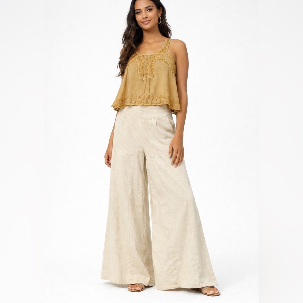 Boho M Embroidered Tank + Wide Leg Pant Bundle Cream Gold
